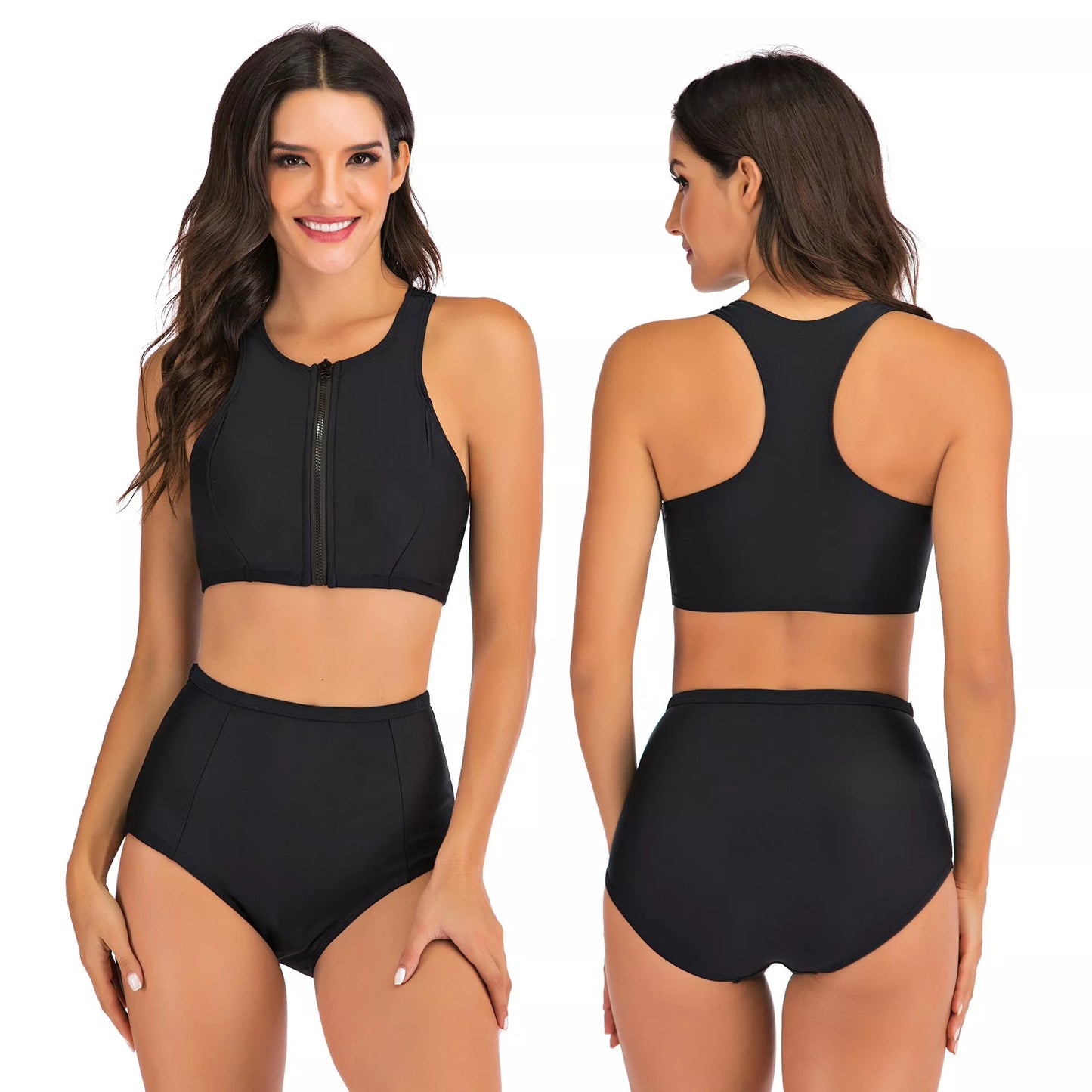 Women's black sports vest split flat bikini suit with quick-dry fabric