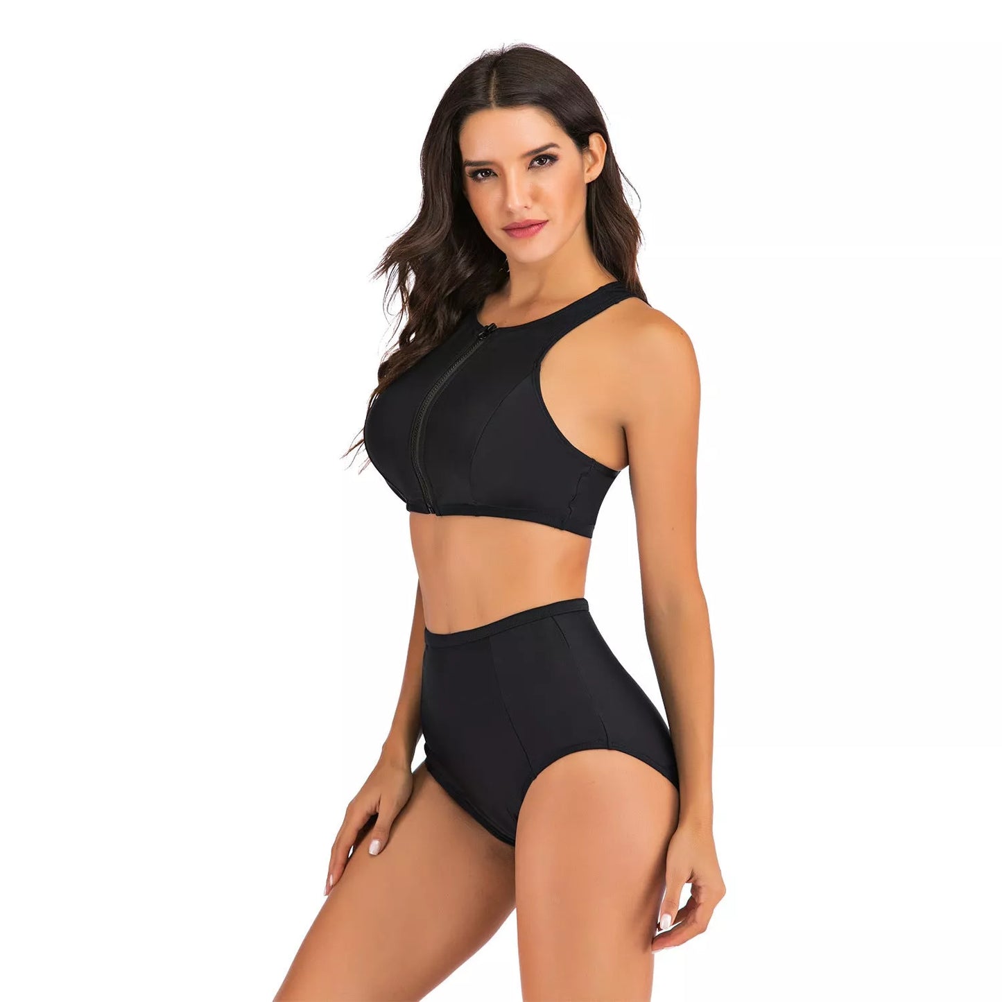 Women's black sports vest split flat bikini suit with quick-dry fabric