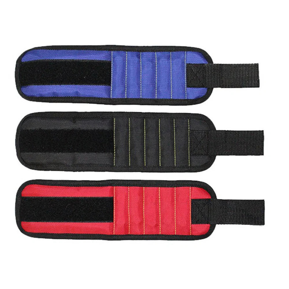 Powerful Magnetic Wristband in blue, black, and red holding tools securely