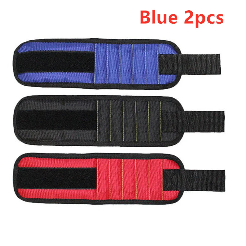 Powerful Magnetic Wristband in blue, black, and red holding tools securely