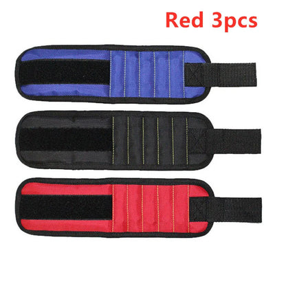 Powerful Magnetic Wristband in blue, black, and red holding tools securely