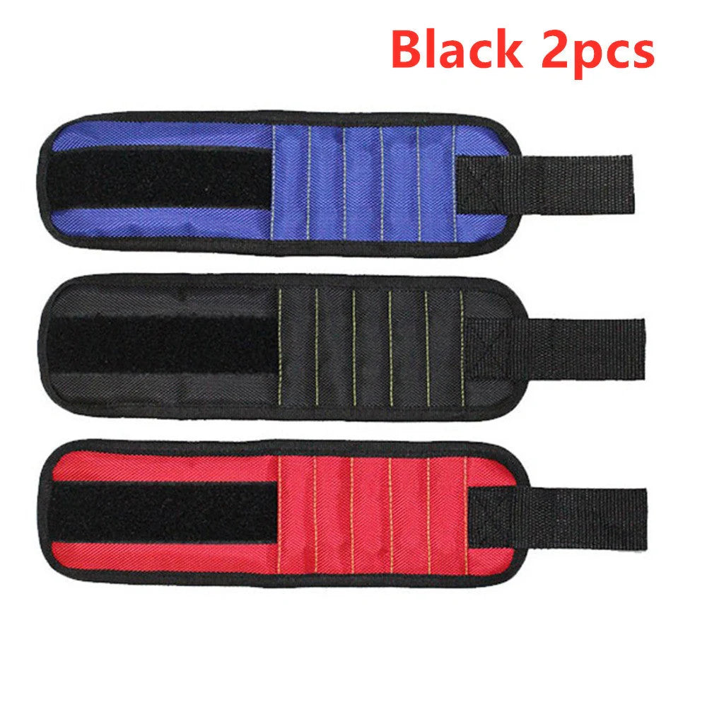 Powerful Magnetic Wristband in blue, black, and red holding tools securely