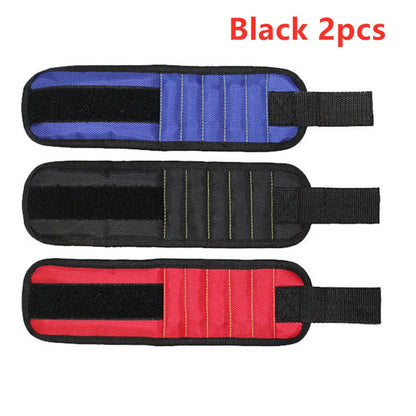 Powerful Magnetic Wristband in blue, black, and red holding tools securely