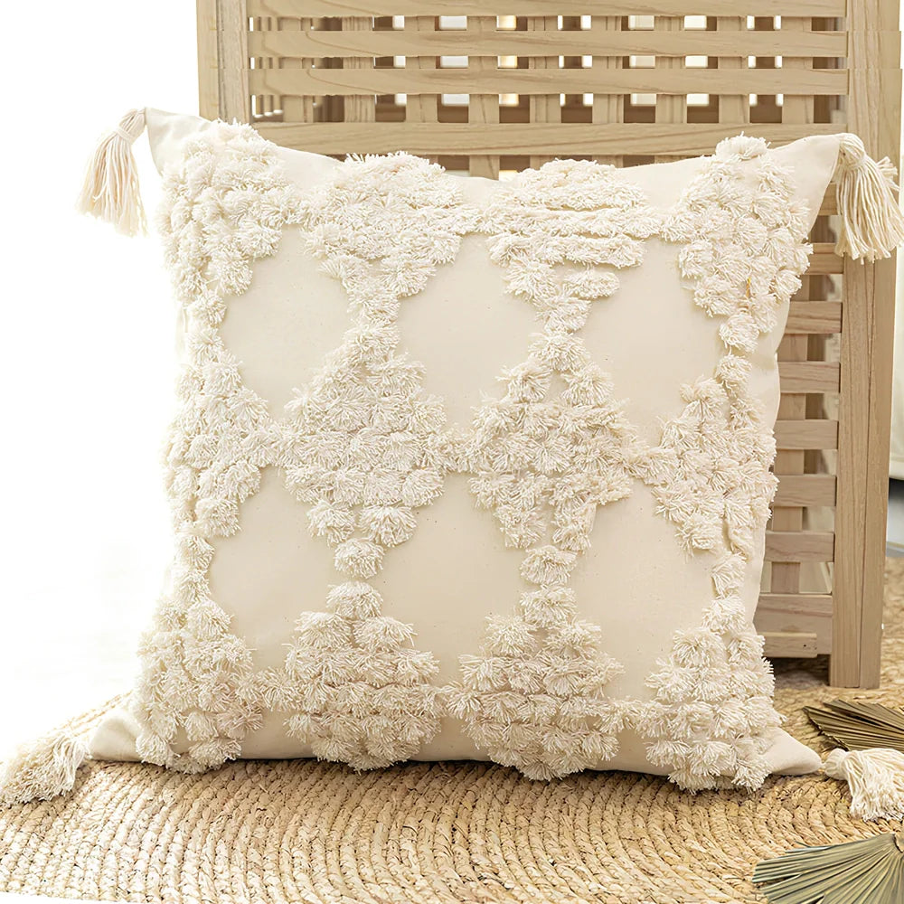 Nordic tufted throw pillow with tassels in beige cotton canvas, PP cotton fill 81-90%, square shape for sofa