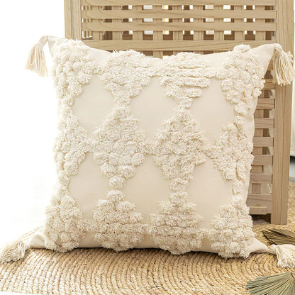 Nordic tufted throw pillow with tassels in beige cotton canvas, PP cotton fill 81-90%, square shape for sofa
