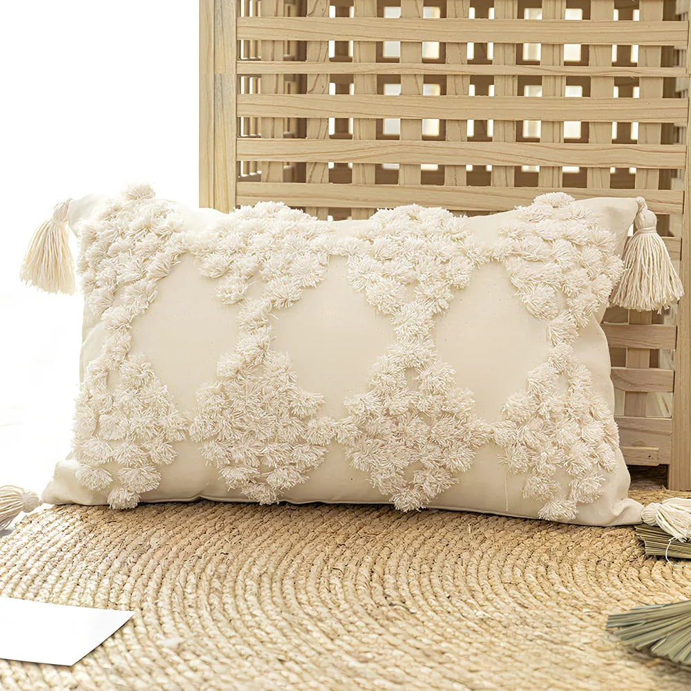 Nordic tufted throw pillow with tassels in beige cotton canvas, PP cotton fill 81-90%, square shape for sofa