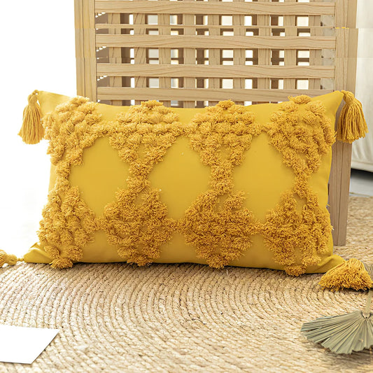 Nordic tufted throw pillow with tassels in beige cotton canvas, PP cotton fill 81-90%, square shape for sofa