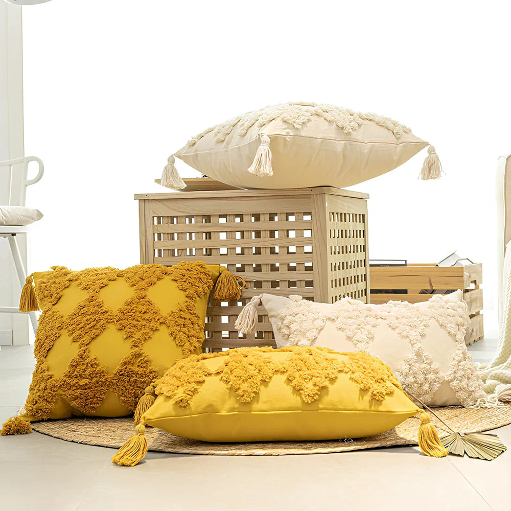 Nordic tufted throw pillow with tassels in beige cotton canvas, PP cotton fill 81-90%, square shape for sofa