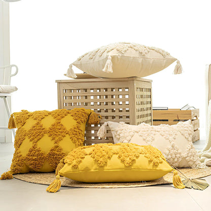 Nordic tufted throw pillow with tassels in beige cotton canvas, PP cotton fill 81-90%, square shape for sofa