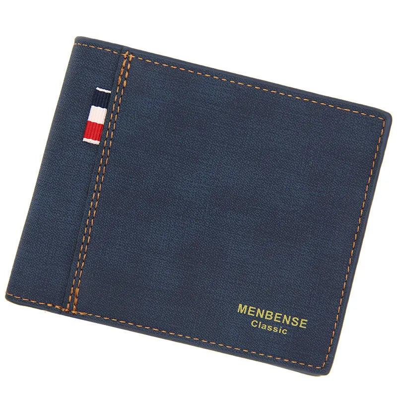 Men's large-capacity retro tri-fold wallet shown in black, navy blue, dark brown, and light brown.