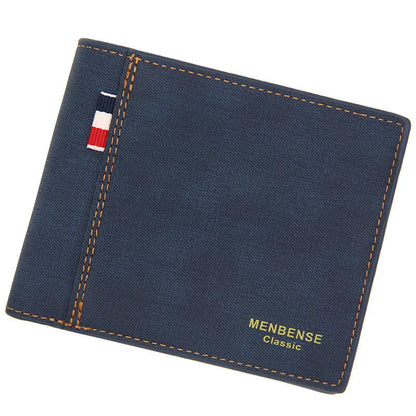 Men's large-capacity retro tri-fold wallet shown in black, navy blue, dark brown, and light brown.
