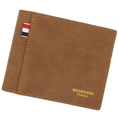 Men's large-capacity retro tri-fold wallet shown in black, navy blue, dark brown, and light brown.