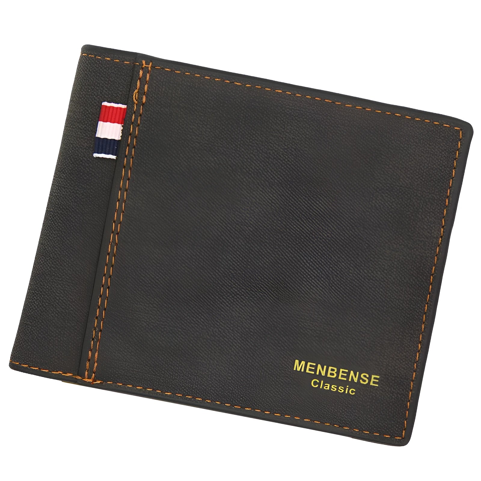 Men's large-capacity retro tri-fold wallet shown in black, navy blue, dark brown, and light brown.