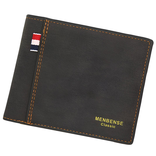 Men's large-capacity retro tri-fold wallet shown in black, navy blue, dark brown, and light brown.
