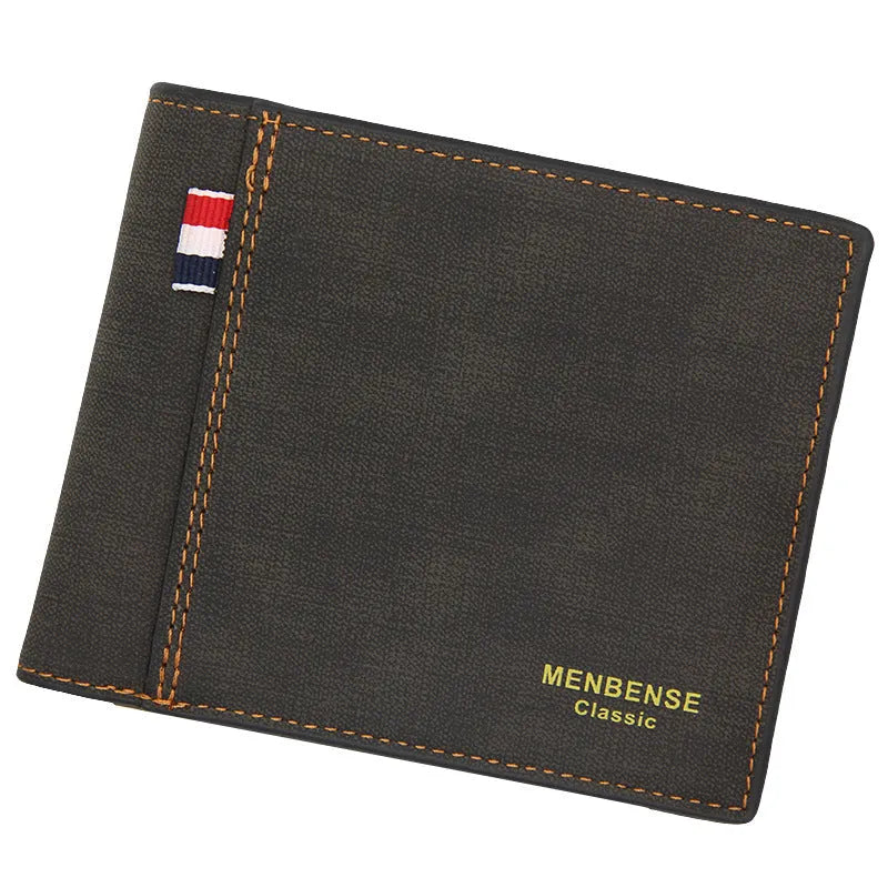 Men's large-capacity retro tri-fold wallet shown in black, navy blue, dark brown, and light brown.