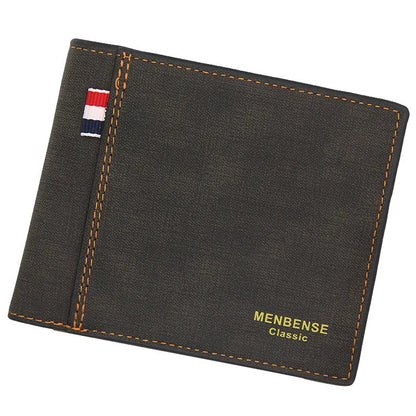 Men's large-capacity retro tri-fold wallet shown in black, navy blue, dark brown, and light brown.