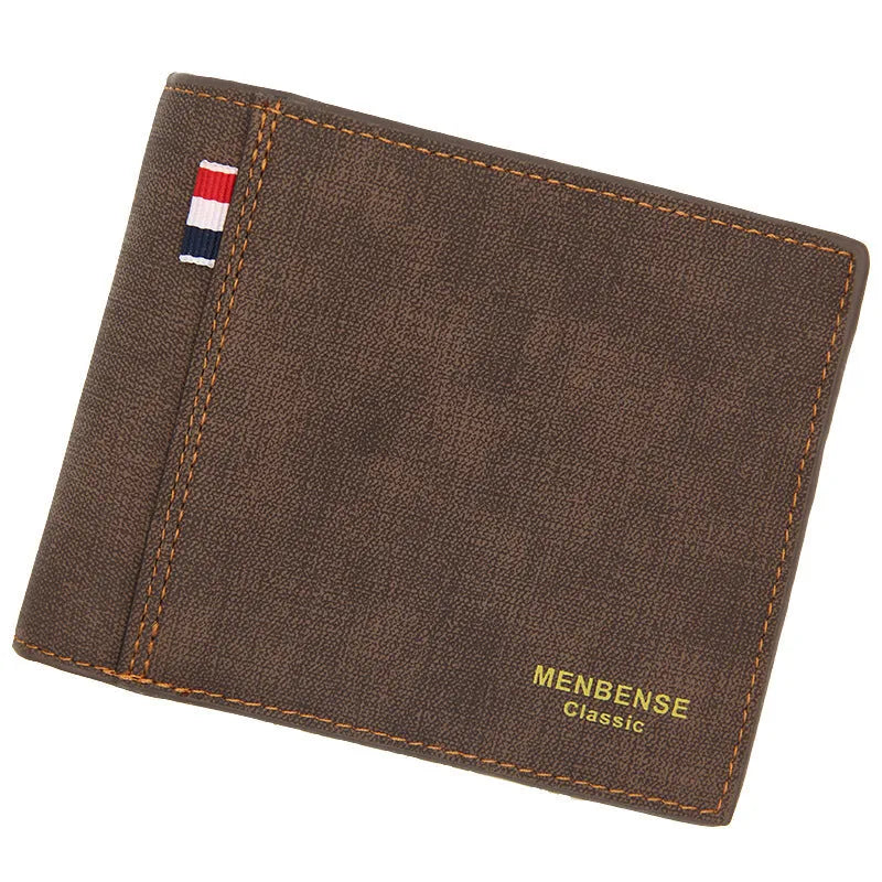 Men's large-capacity retro tri-fold wallet shown in black, navy blue, dark brown, and light brown.