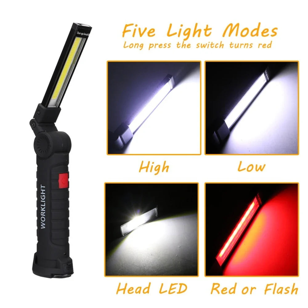 Powerful COB LED Tactical Flashlight with carbon-fiber-infused body, magnetic base, and multiple lighting modes