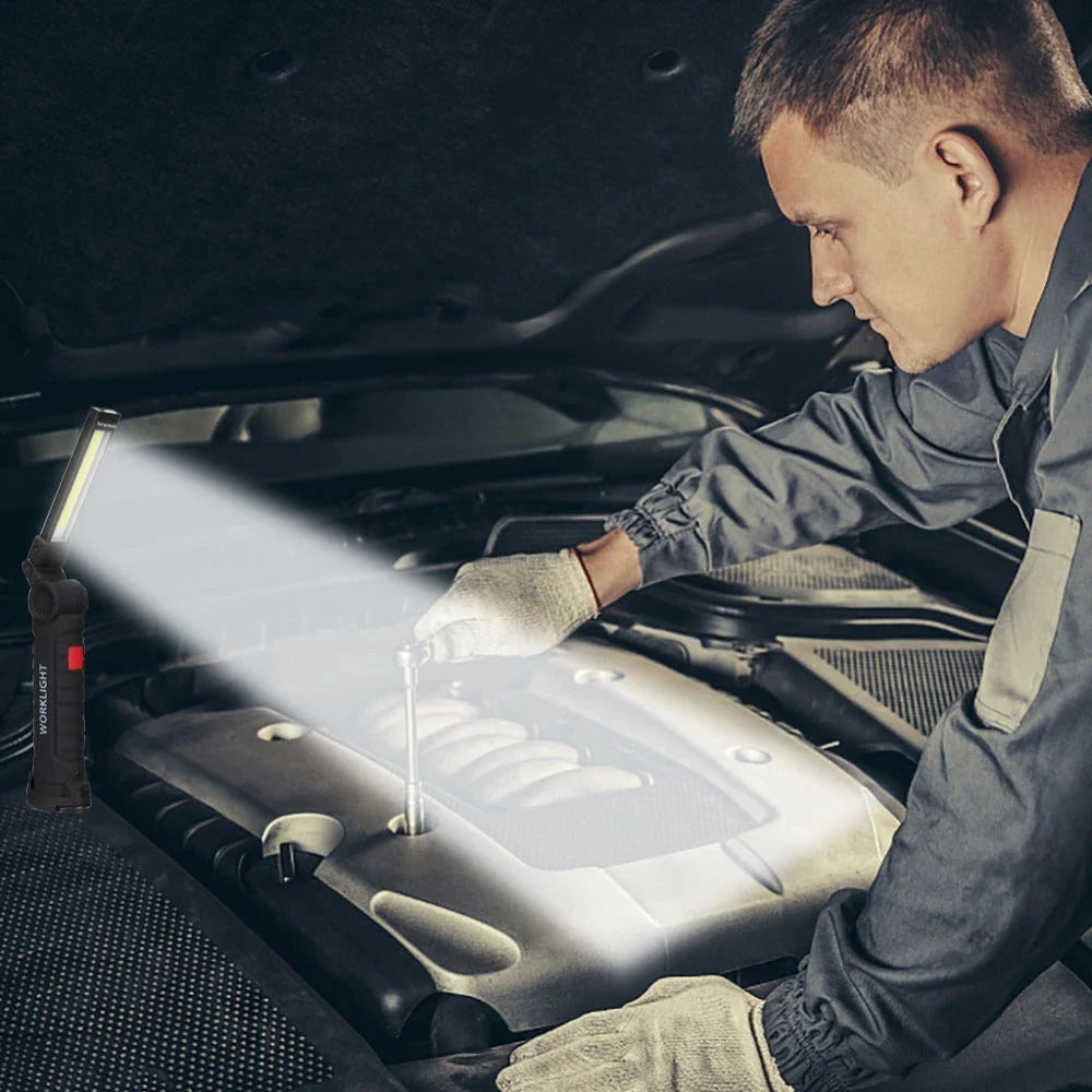 Powerful COB LED Tactical Flashlight with carbon-fiber-infused body, magnetic base, and multiple lighting modes