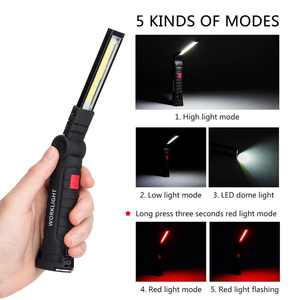 Powerful COB LED Tactical Flashlight with carbon-fiber-infused body, magnetic base, and multiple lighting modes