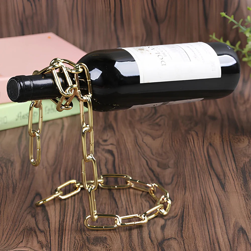 Golden chain wine shelf with European scrollwork hanging from ceiling, displaying three wine bottles