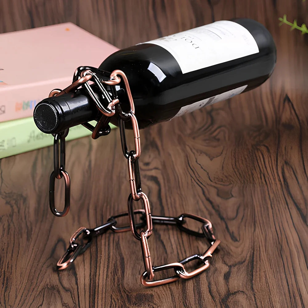 Golden chain wine shelf with European scrollwork hanging from ceiling, displaying three wine bottles