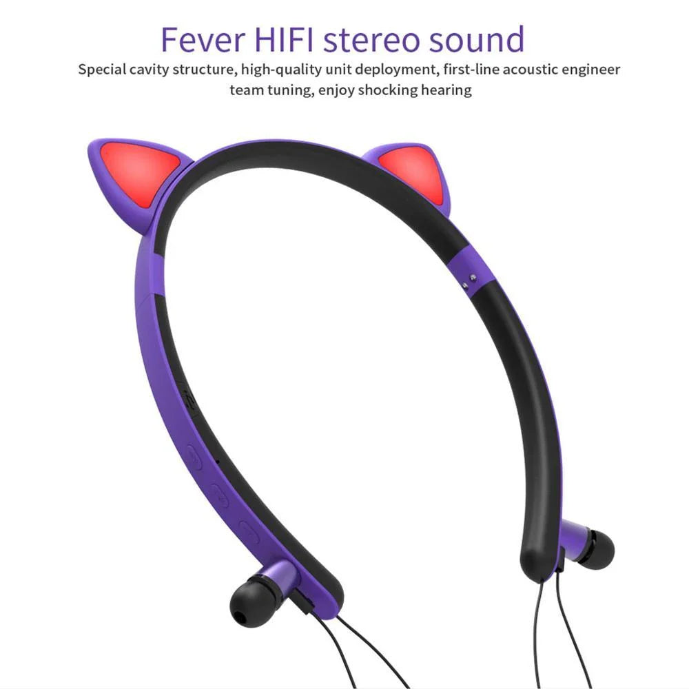 Wireless Bluetooth Headphones with Cute Cat Ear Design, LED Lights, Microphone, and Soft Earmuffs