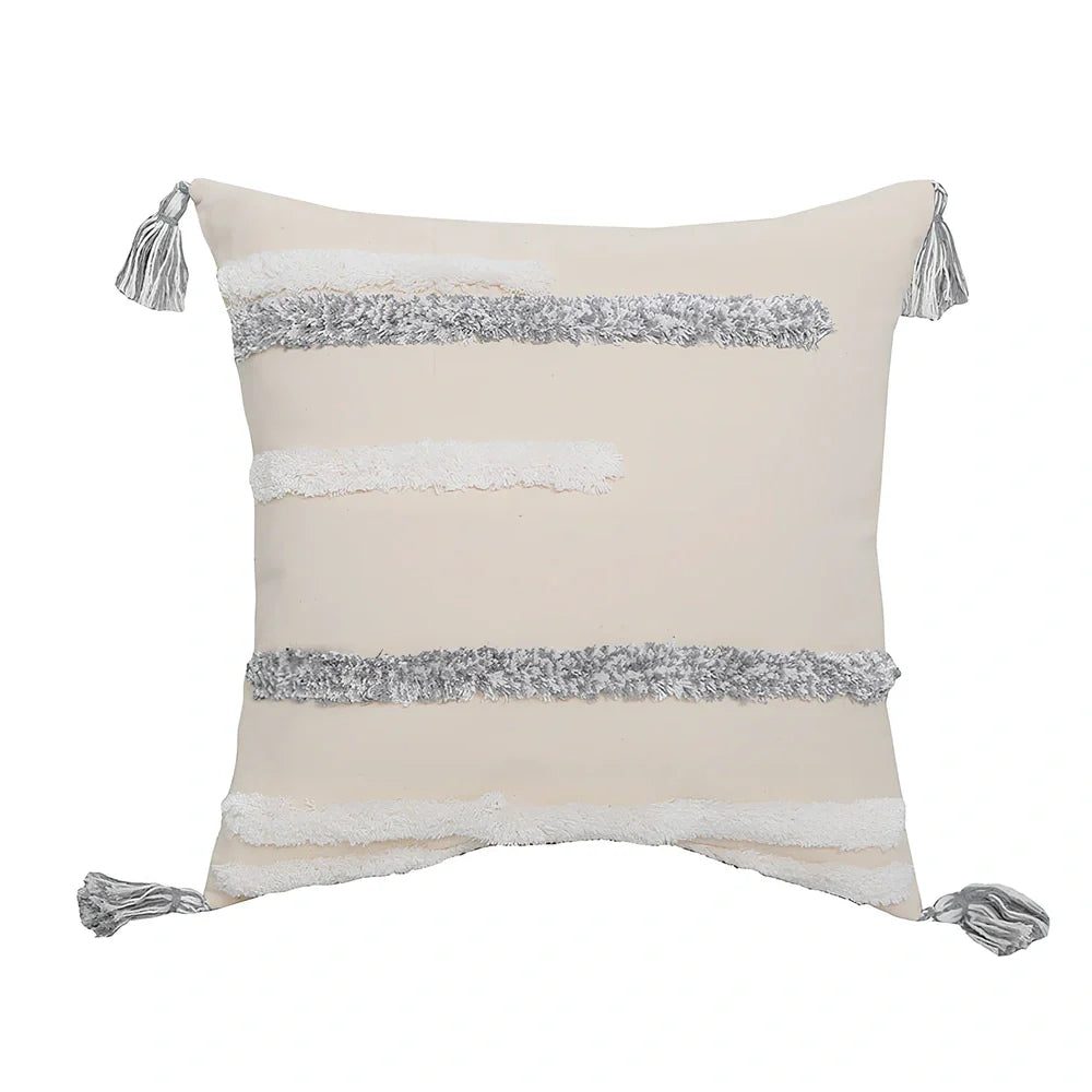 Hand-embroidered tufted throw pillow with fringe edges on 45x45cm cotton-linen cover