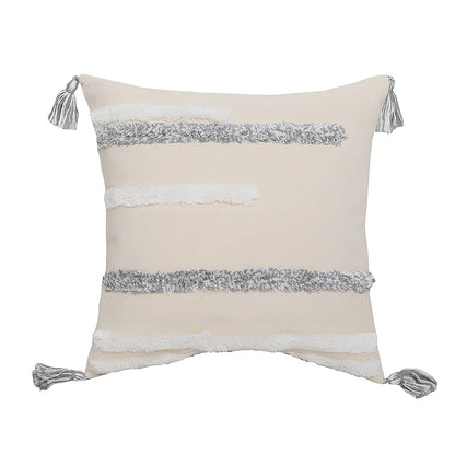 Hand-embroidered tufted throw pillow with fringe edges on 45x45cm cotton-linen cover