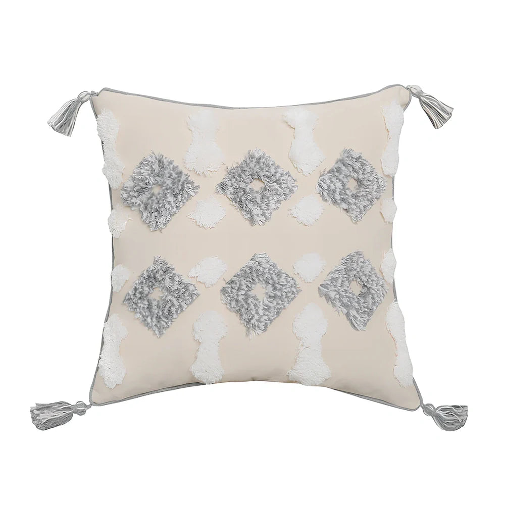 Hand-embroidered tufted throw pillow with fringe edges on 45x45cm cotton-linen cover