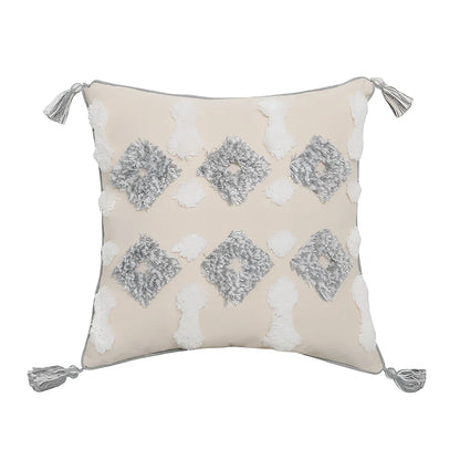 Hand-embroidered tufted throw pillow with fringe edges on 45x45cm cotton-linen cover