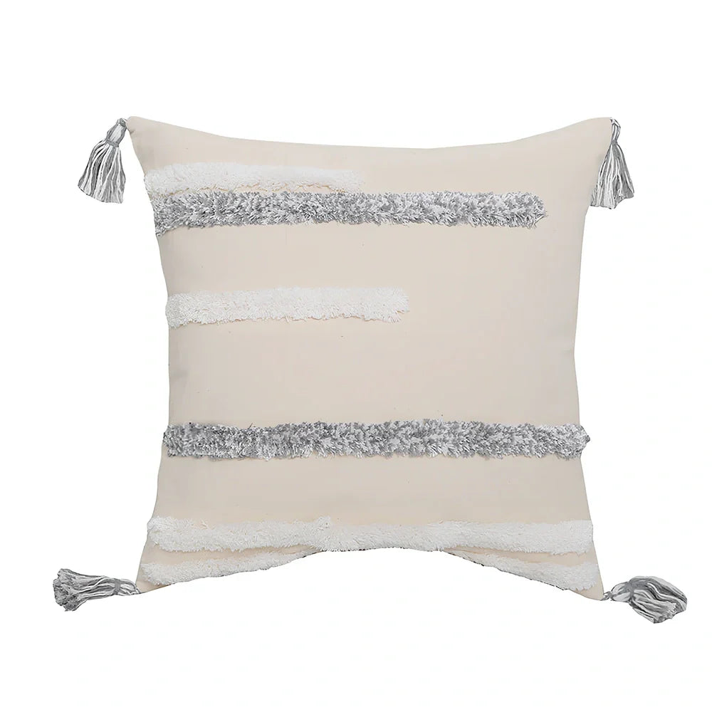 Hand-embroidered tufted throw pillow with fringe edges on 45x45cm cotton-linen cover