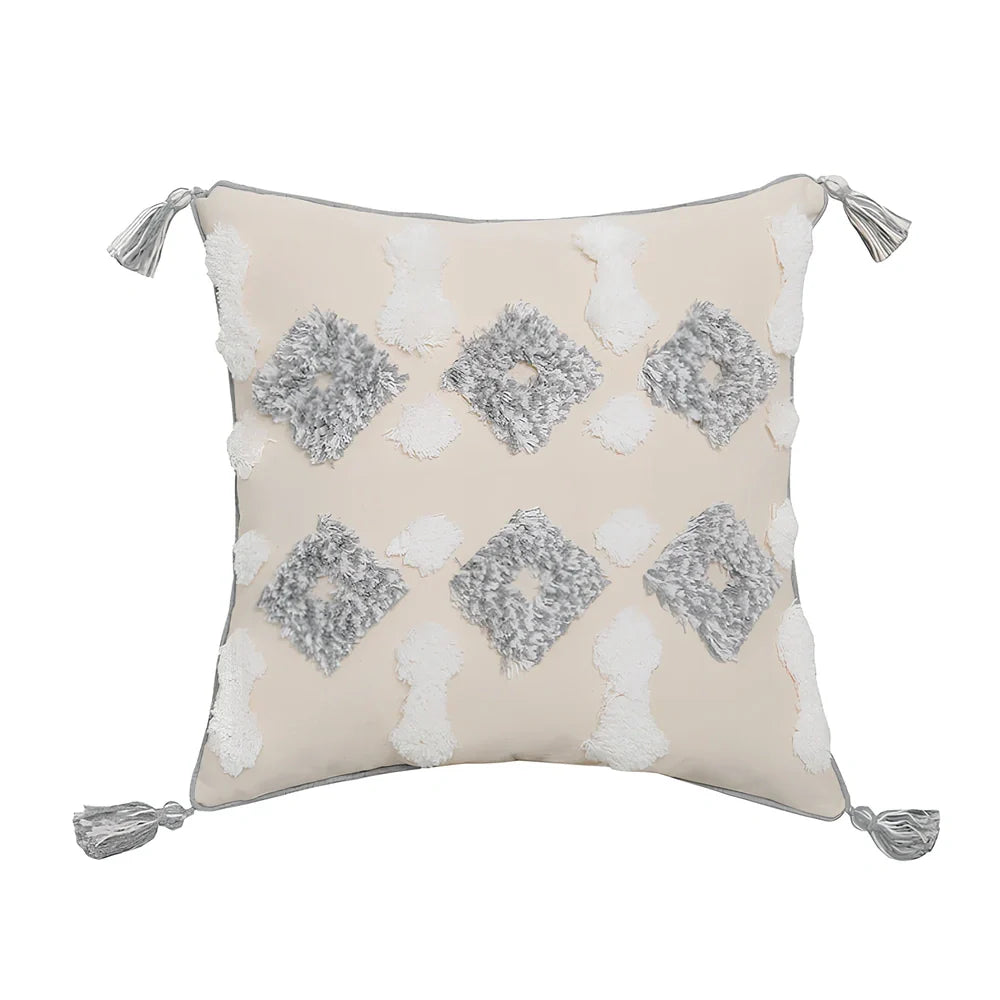 Hand-embroidered tufted throw pillow with fringe edges on 45x45cm cotton-linen cover