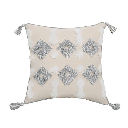 Hand-embroidered tufted throw pillow with fringe edges on 45x45cm cotton-linen cover