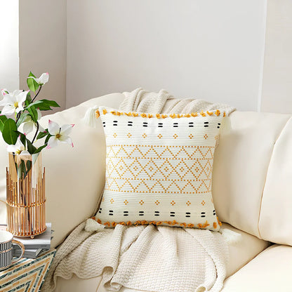 Hand-embroidered tufted throw pillow with fringe edges on 45x45cm cotton-linen cover