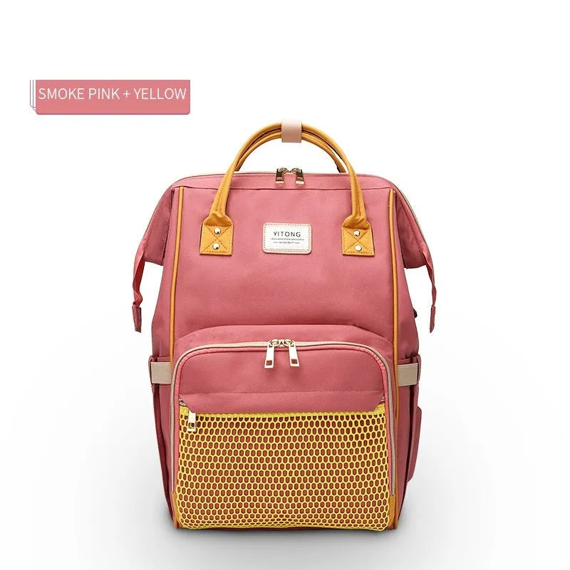 Oxford maternity nappy bag with 16-20L capacity, anti-theft design, bottle area, and multiple colour options