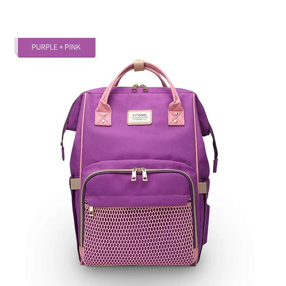Oxford maternity nappy bag with 16-20L capacity, anti-theft design, bottle area, and multiple colour options
