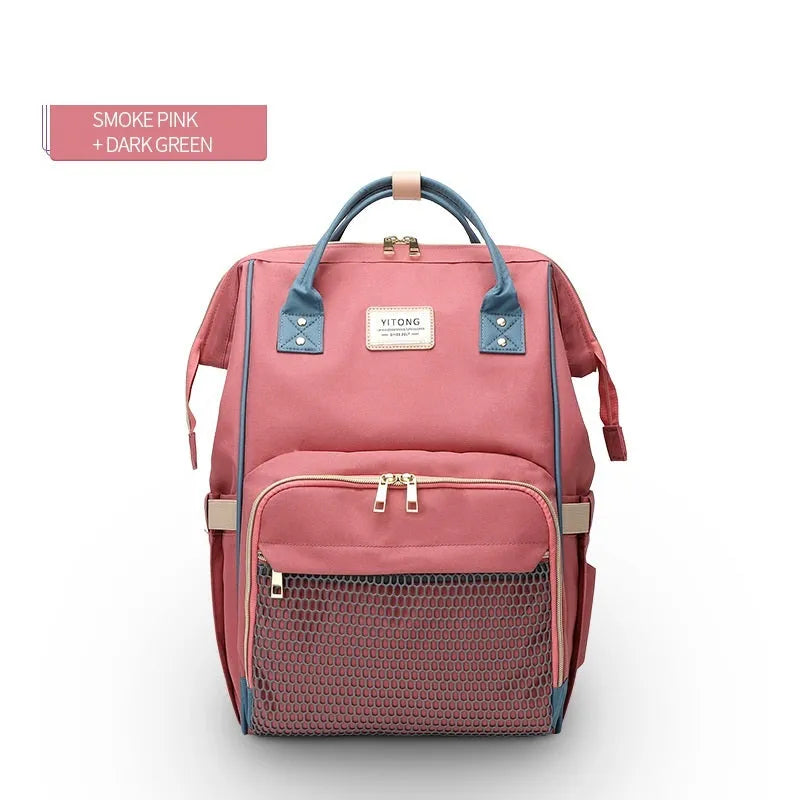 Oxford maternity nappy bag with 16-20L capacity, anti-theft design, bottle area, and multiple colour options