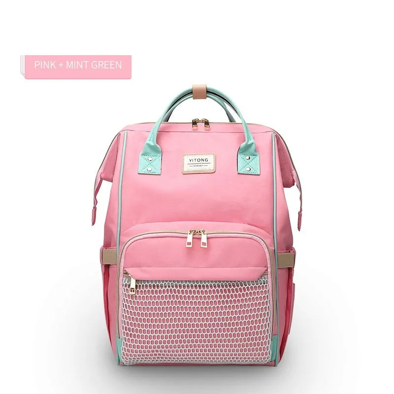 Oxford maternity nappy bag with 16-20L capacity, anti-theft design, bottle area, and multiple colour options