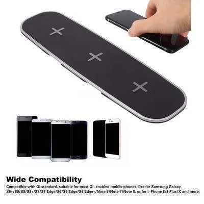 Black and white 3-in-1 Qi wireless charging pad base station charging multiple devices