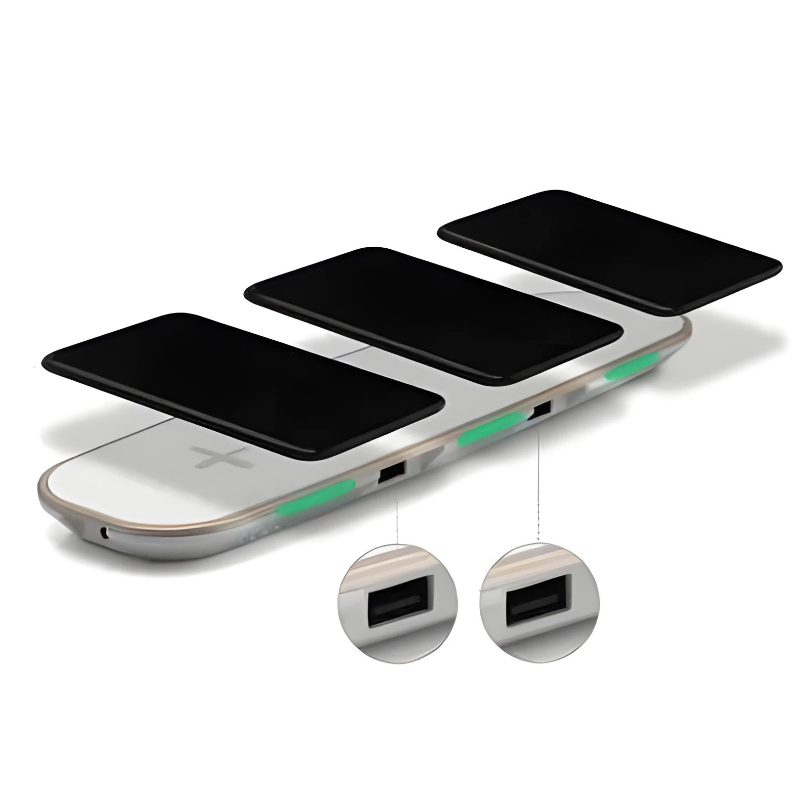 Black and white 3-in-1 Qi wireless charging pad base station charging multiple devices