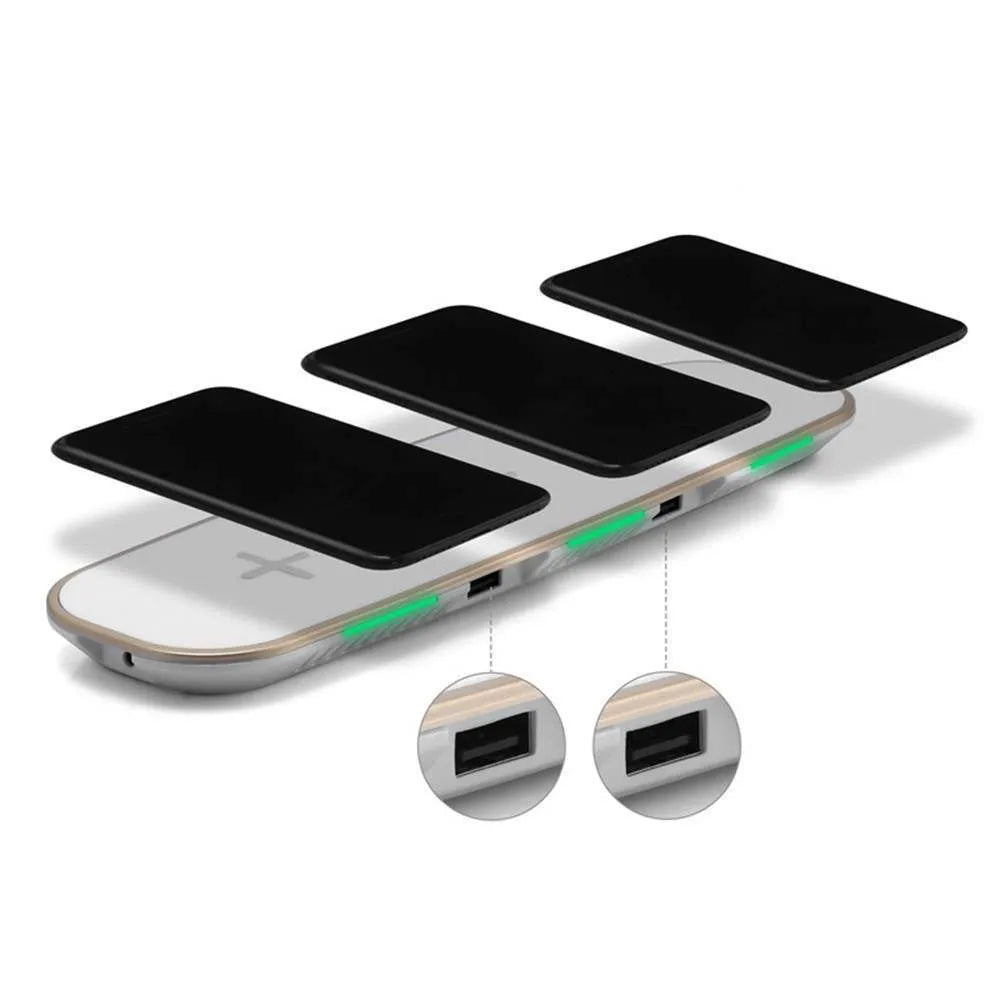 Black and white 3-in-1 Qi wireless charging pad base station charging multiple devices