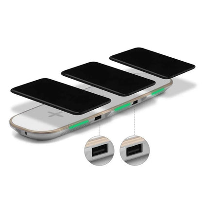 Black and white 3-in-1 Qi wireless charging pad base station charging multiple devices