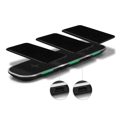 Black and white 3-in-1 Qi wireless charging pad base station charging multiple devices