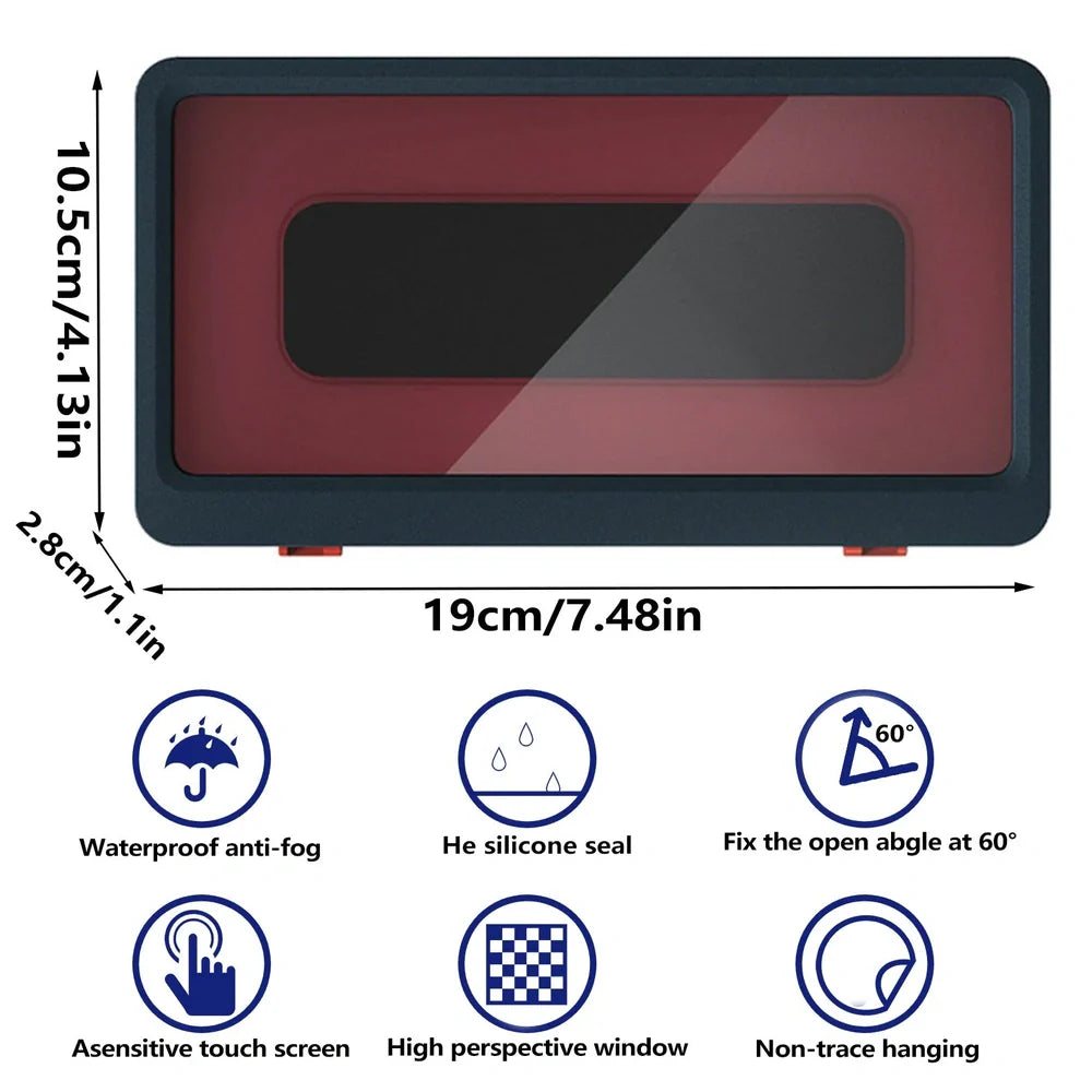 Blue waterproof mobile phone holder with anti-fog film mounted on bathroom wall