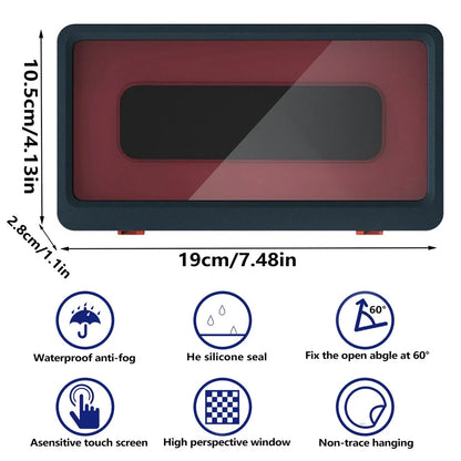 Blue waterproof mobile phone holder with anti-fog film mounted on bathroom wall