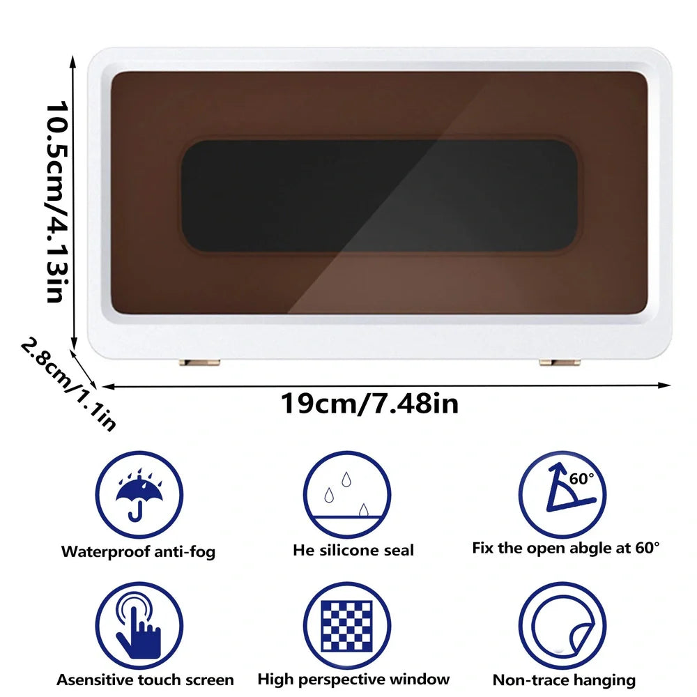 Blue waterproof mobile phone holder with anti-fog film mounted on bathroom wall