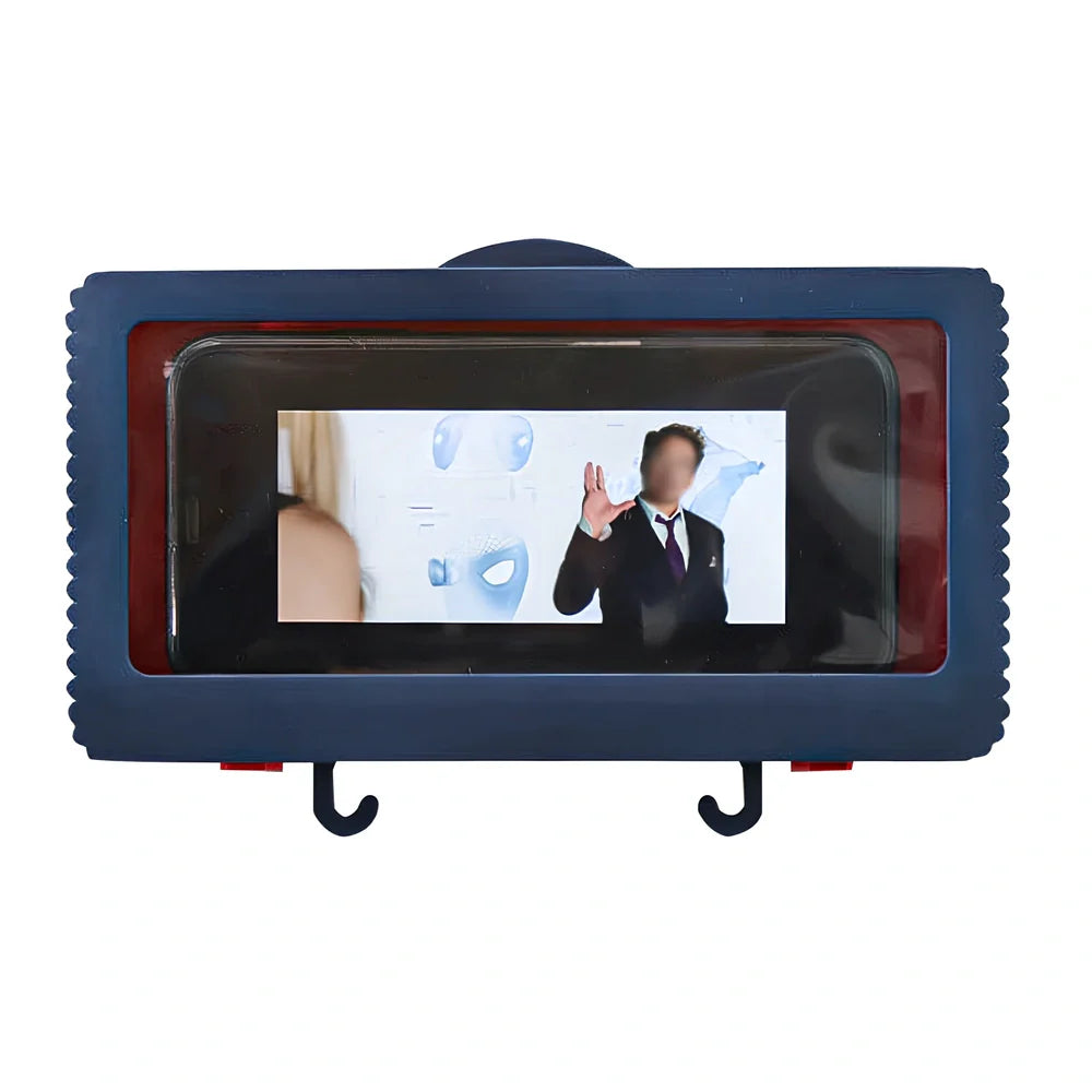 Blue waterproof mobile phone holder with anti-fog film mounted on bathroom wall