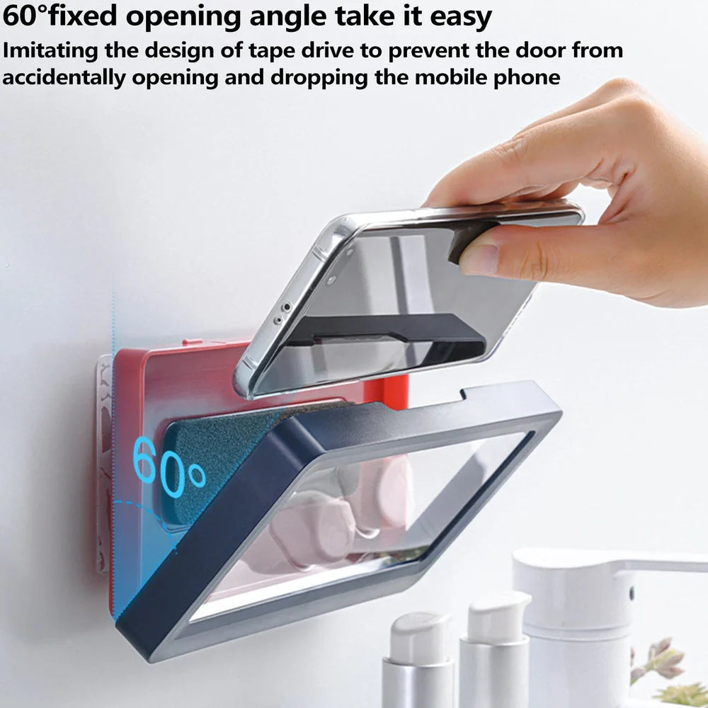 Blue waterproof mobile phone holder with anti-fog film mounted on bathroom wall
