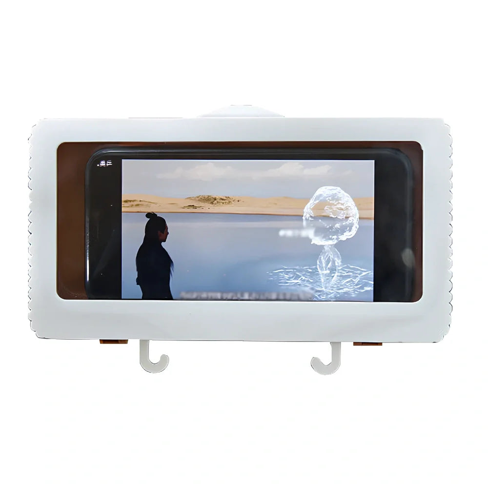 Blue waterproof mobile phone holder with anti-fog film mounted on bathroom wall